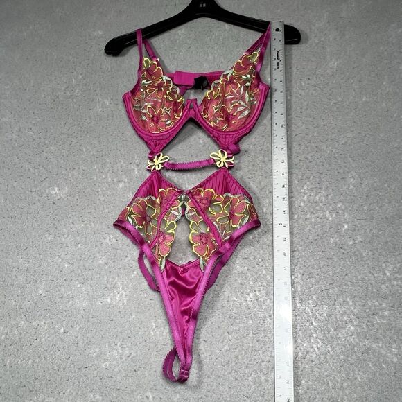 For Love & Lemons Lingerie Medium Teddy Pink Floral Cut Out Strappy Thong - Picture 5 of 11